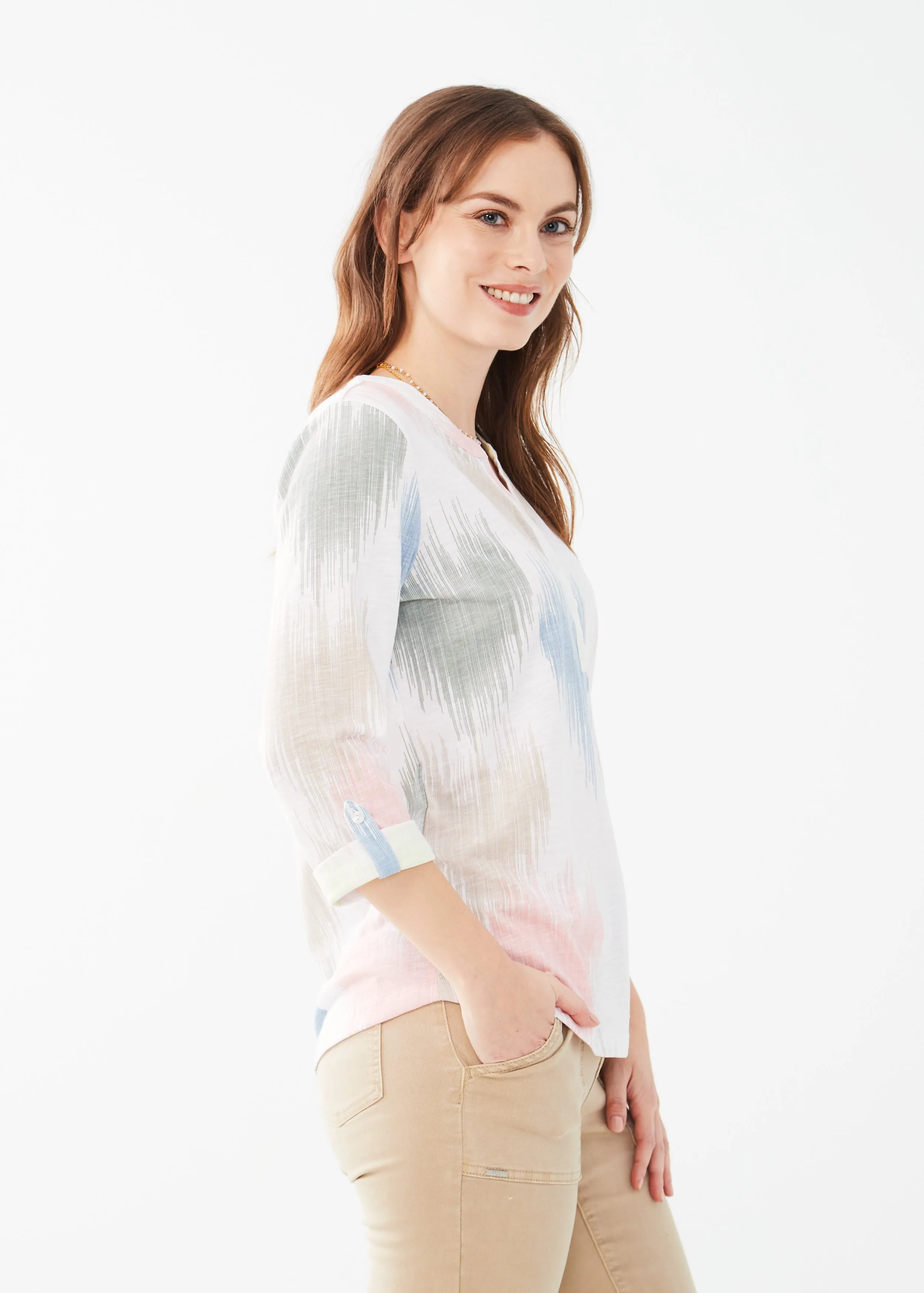 3/4 Sleeve Tab-Up Henley Knit Top