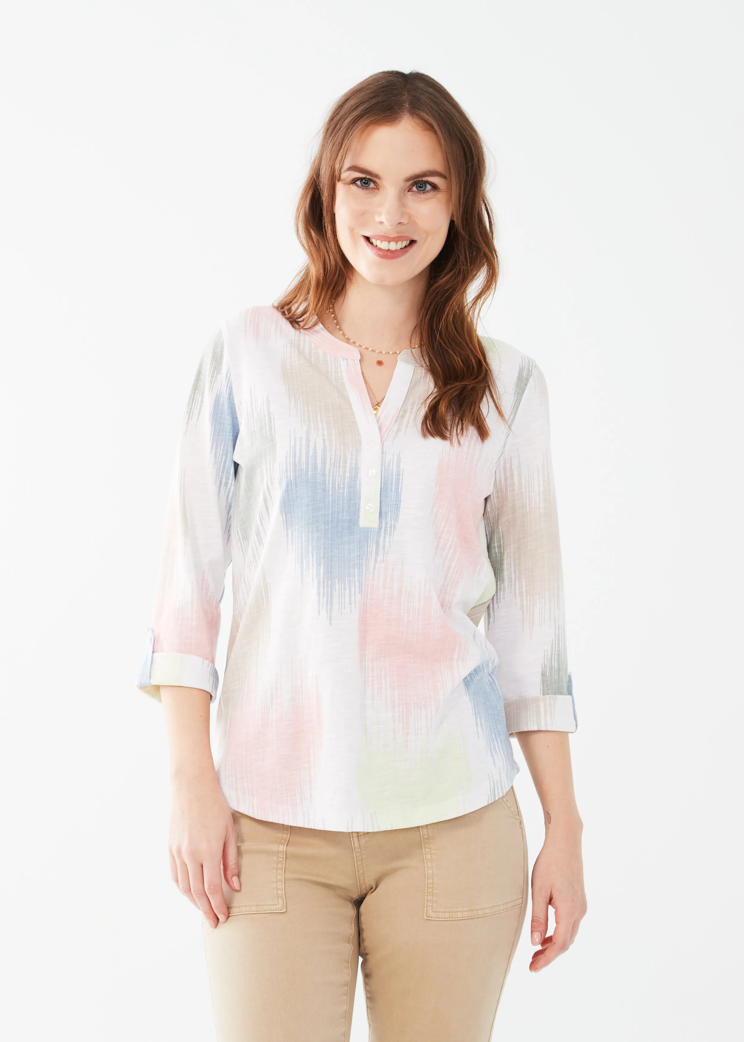 3/4 Sleeve Tab-Up Henley Knit Top