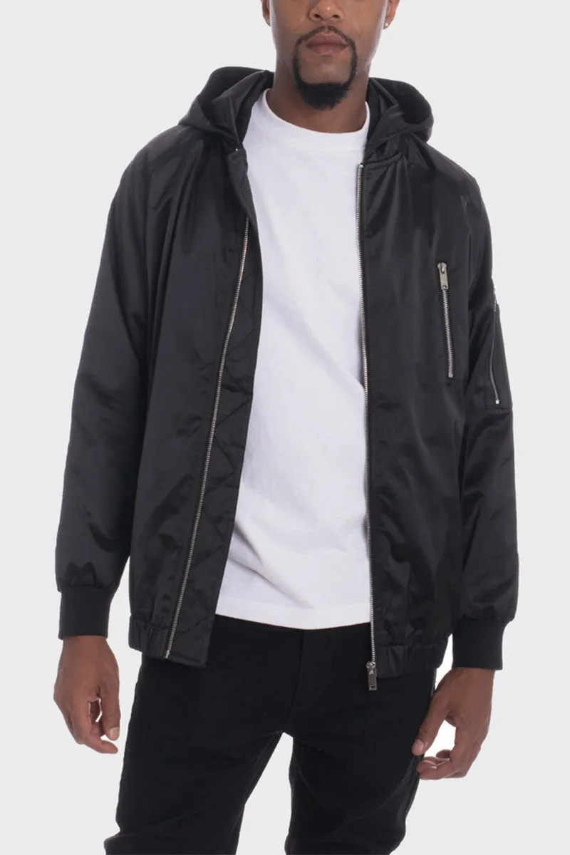 Black Hooded Satin Bomber Jackets