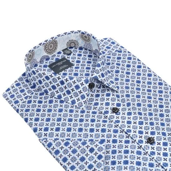 Blue Punchy Print Men's Button-Down Short-Sleeve