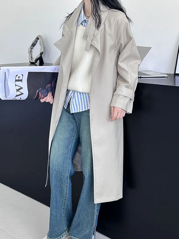 Buckle Pockets Solid Color Split-Back Tied Waist Long Sleeves Loose Lapel Trench Coats