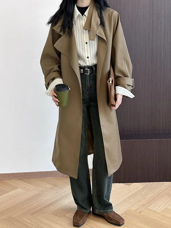 Buckle Pockets Solid Color Split-Back Tied Waist Long Sleeves Loose Lapel Trench Coats