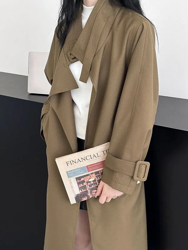 Buckle Pockets Solid Color Split-Back Tied Waist Long Sleeves Loose Lapel Trench Coats