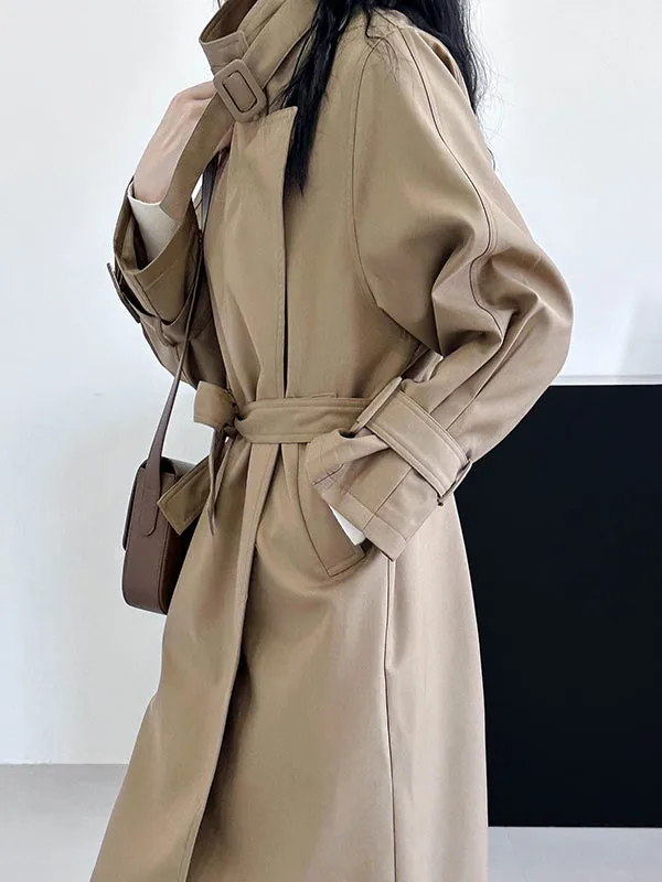 Buckle Pockets Solid Color Split-Back Tied Waist Long Sleeves Loose Lapel Trench Coats