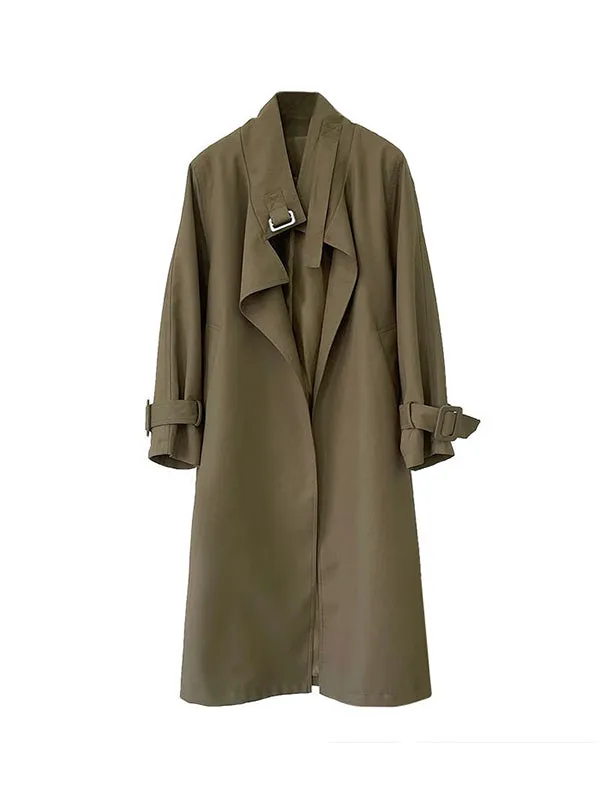 Buckle Pockets Solid Color Split-Back Tied Waist Long Sleeves Loose Lapel Trench Coats