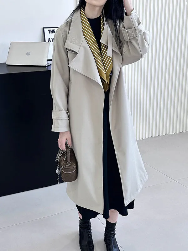 Buckle Pockets Solid Color Split-Back Tied Waist Long Sleeves Loose Lapel Trench Coats