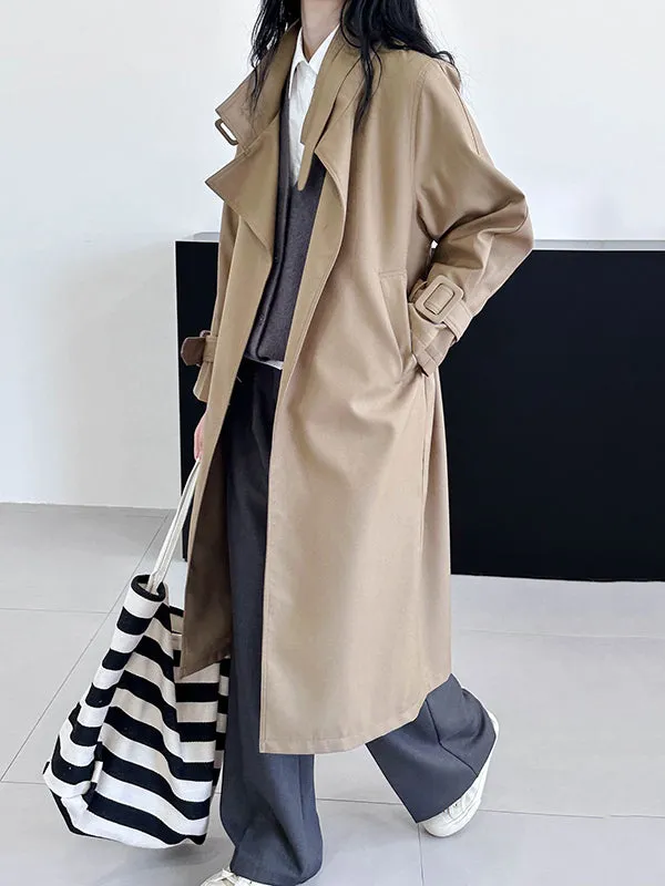 Buckle Pockets Solid Color Split-Back Tied Waist Long Sleeves Loose Lapel Trench Coats