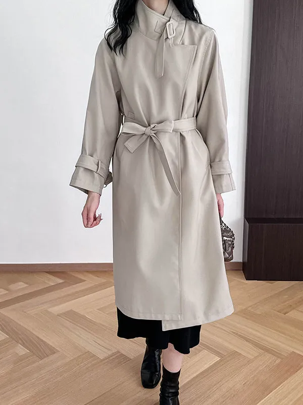 Buckle Pockets Solid Color Split-Back Tied Waist Long Sleeves Loose Lapel Trench Coats