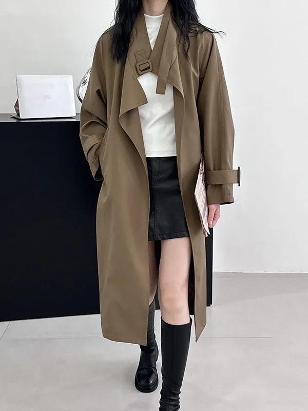 Buckle Pockets Solid Color Split-Back Tied Waist Long Sleeves Loose Lapel Trench Coats