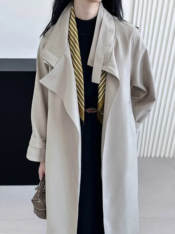 Buckle Pockets Solid Color Split-Back Tied Waist Long Sleeves Loose Lapel Trench Coats