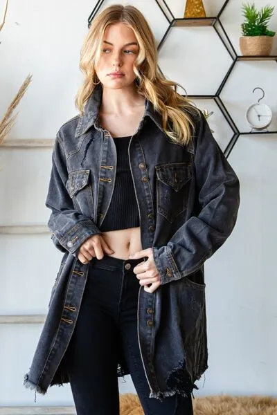 Button Up Distressed Frayed Hem Denim Jacket