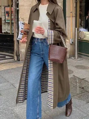 Buttoned Plaid Split-Joint Long Sleeves Loose Lapel Trench Coats Outerwear