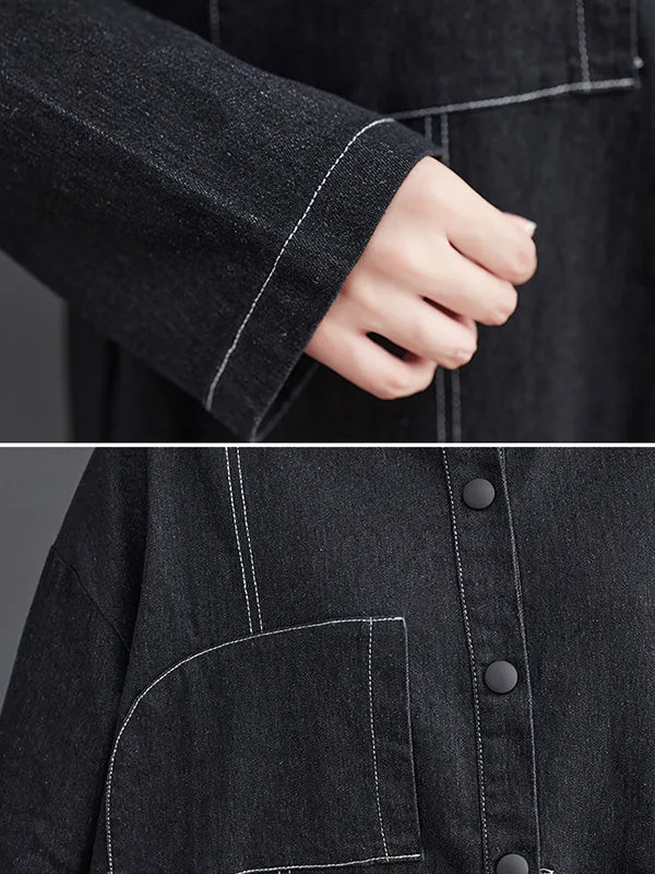 Casual Loose Long Sleeves Buttoned Lapel Collar Denim Trench Coats