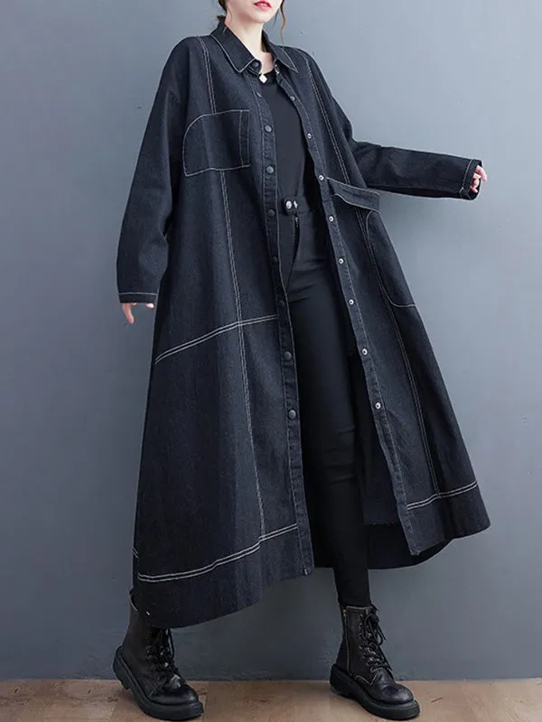 Casual Loose Long Sleeves Buttoned Lapel Collar Denim Trench Coats