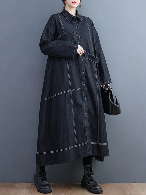 Casual Loose Long Sleeves Buttoned Lapel Collar Denim Trench Coats