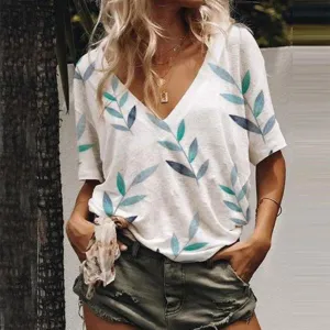 Casual printed V-neck short-sleeved T-shirt