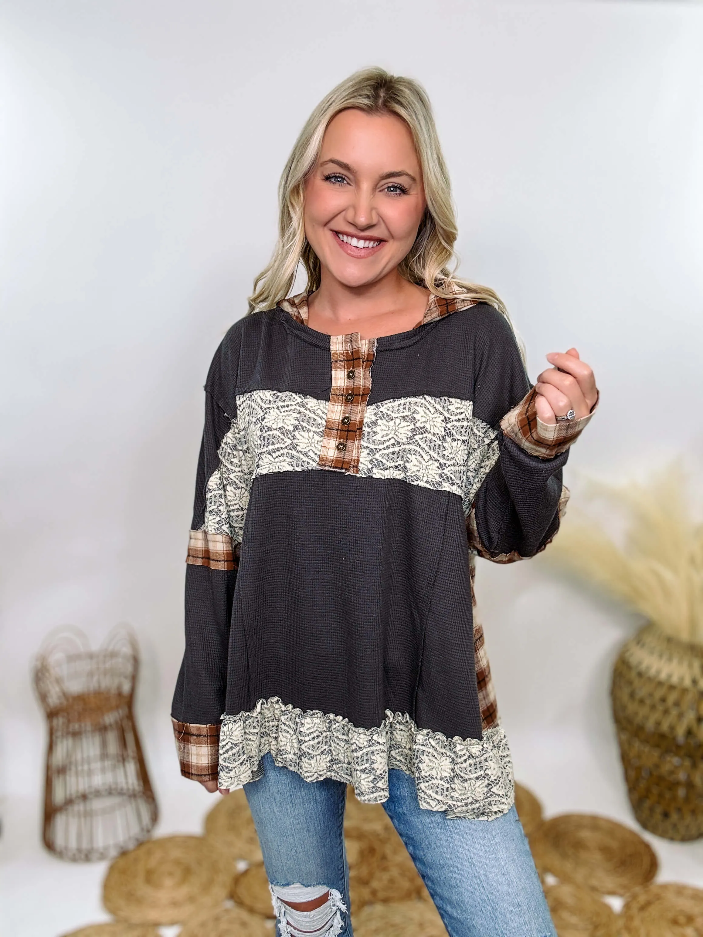 Charcoal Thermal Henley with Plaid Patchwork and Lace Details by POL