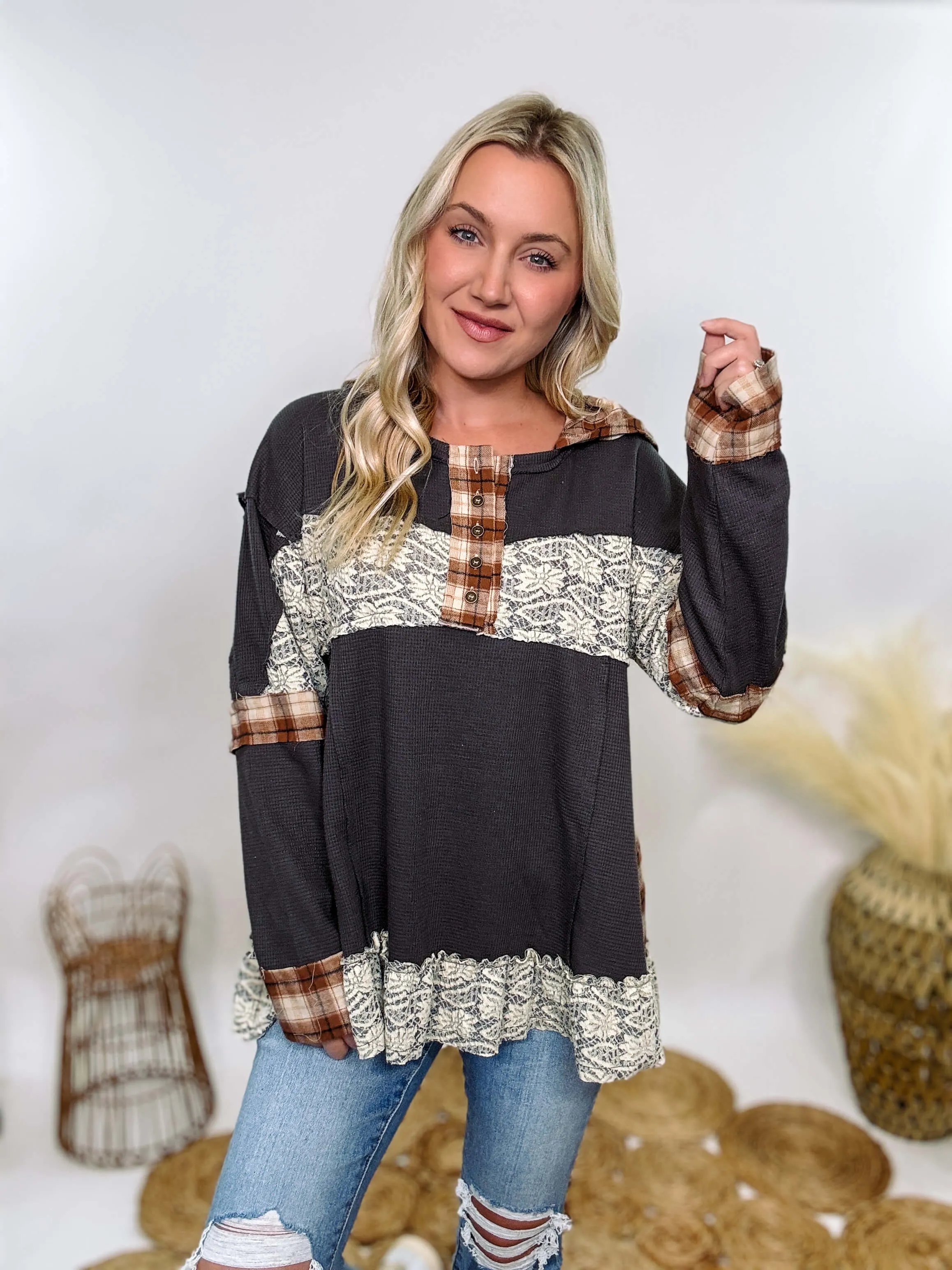 Charcoal Thermal Henley with Plaid Patchwork and Lace Details by POL