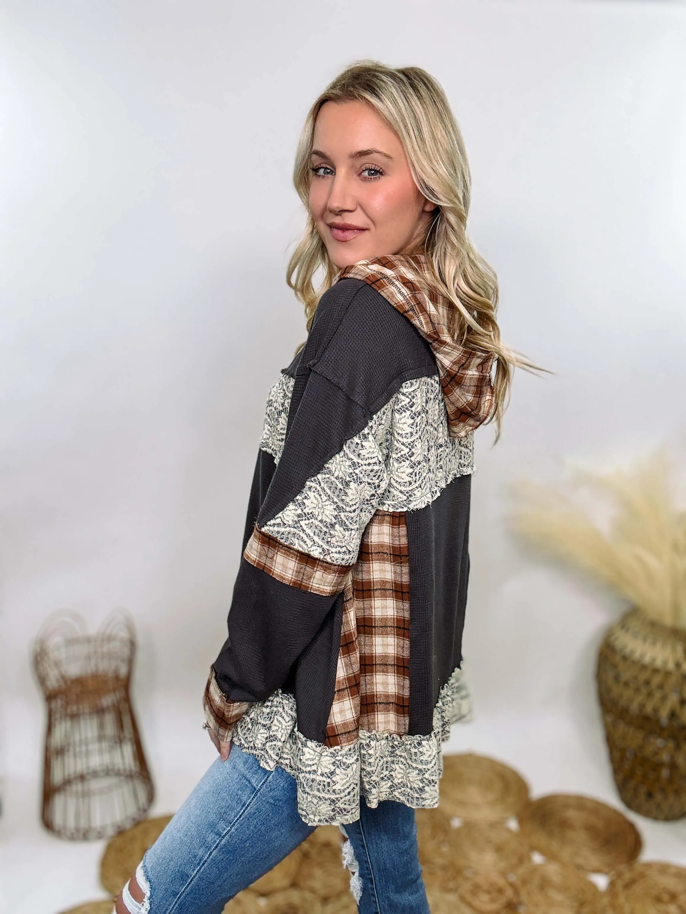 Charcoal Thermal Henley with Plaid Patchwork and Lace Details by POL