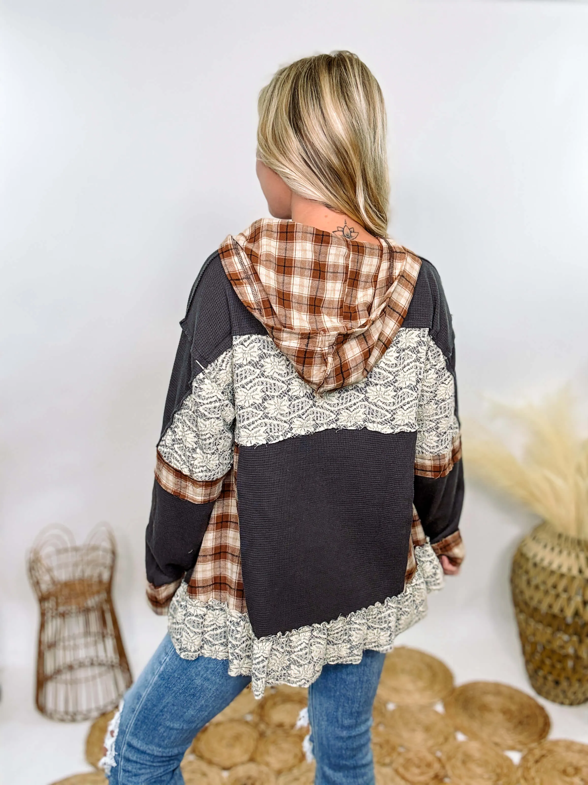 Charcoal Thermal Henley with Plaid Patchwork and Lace Details by POL