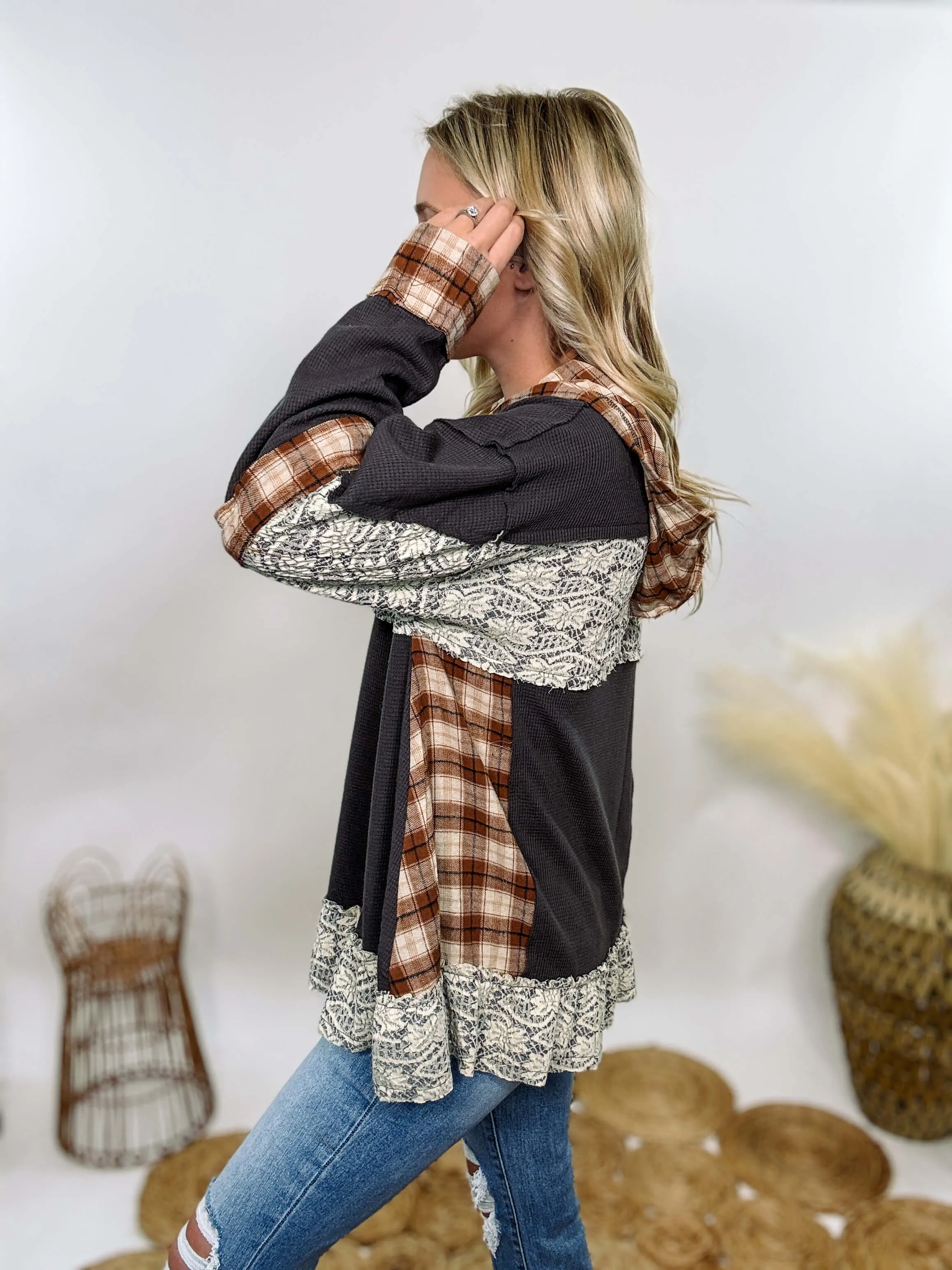 Charcoal Thermal Henley with Plaid Patchwork and Lace Details by POL