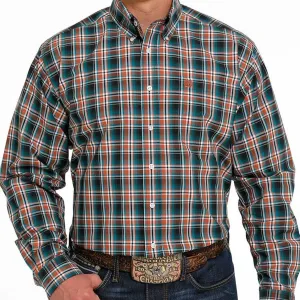 Cinch Men's Teal and Orange Plaid Long Sleeve Western Shirt