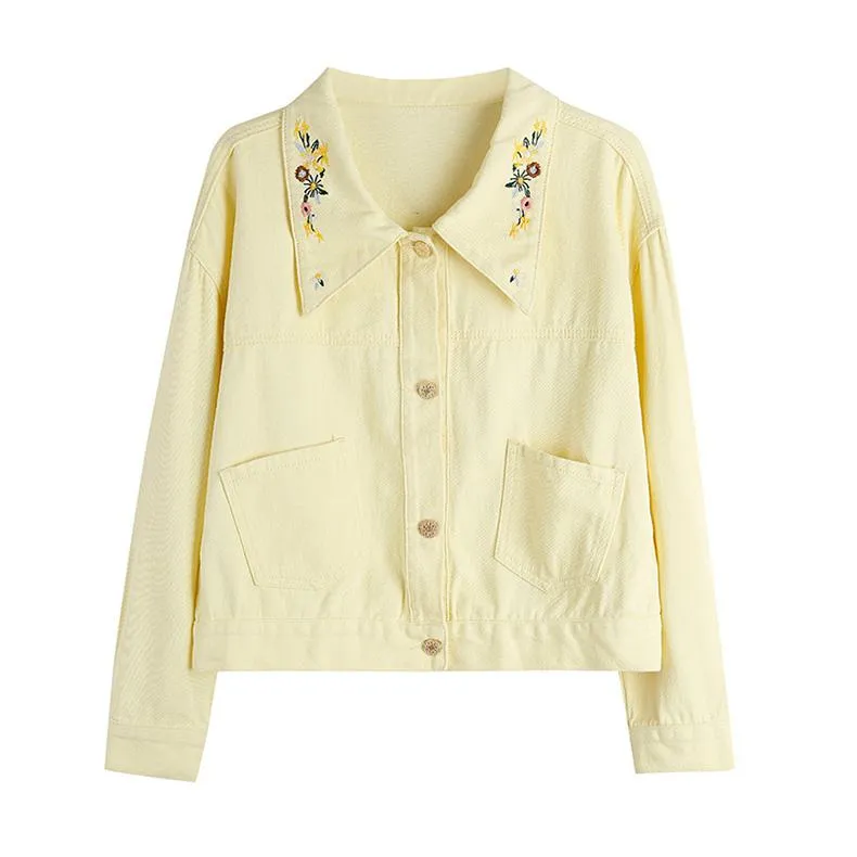 Cropped Lapel Collar Casual Embroidery Loose Fit Denim Jacket