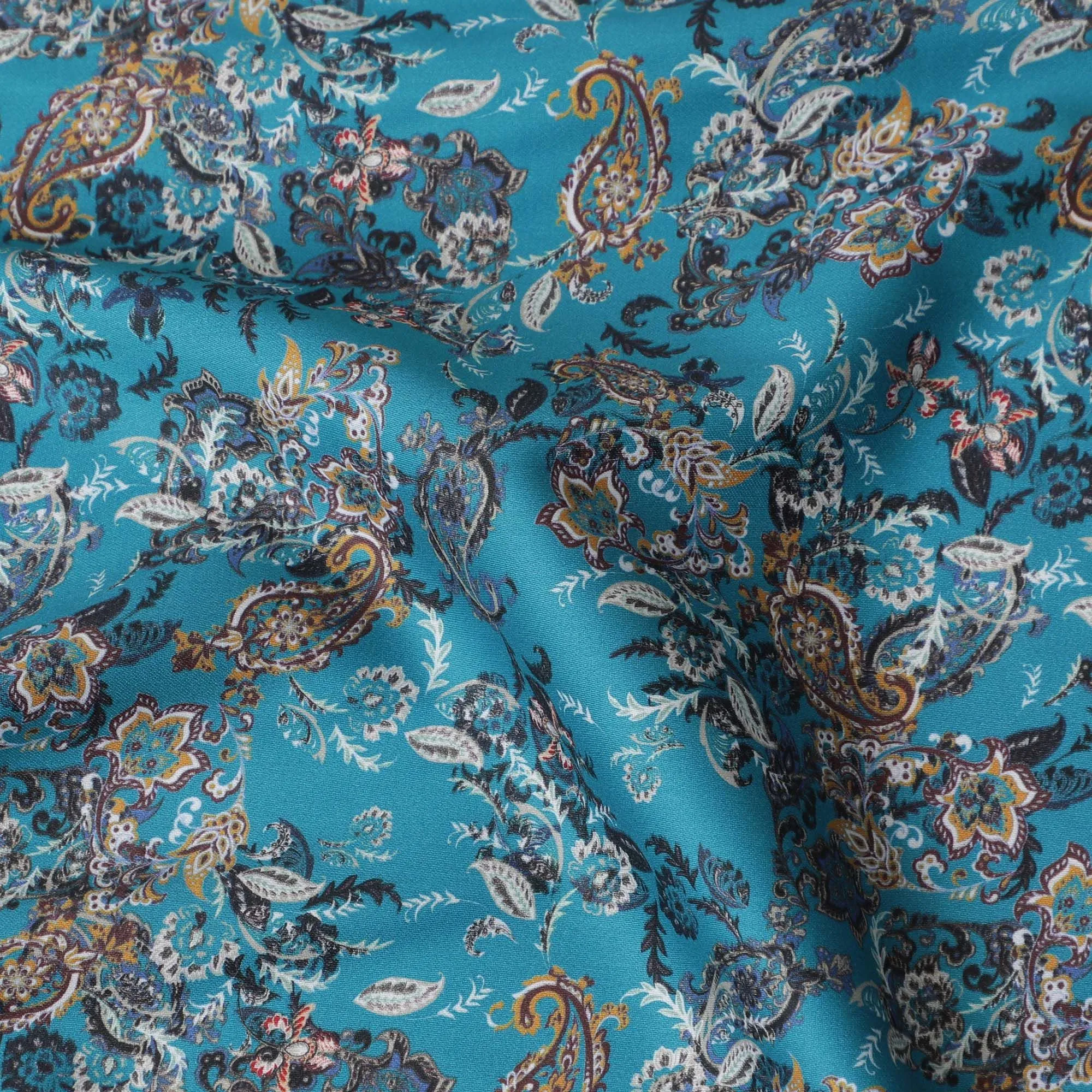 Dark Turquoise Cotton Satin Fabric: Vibrant Elegance in Print-D17591