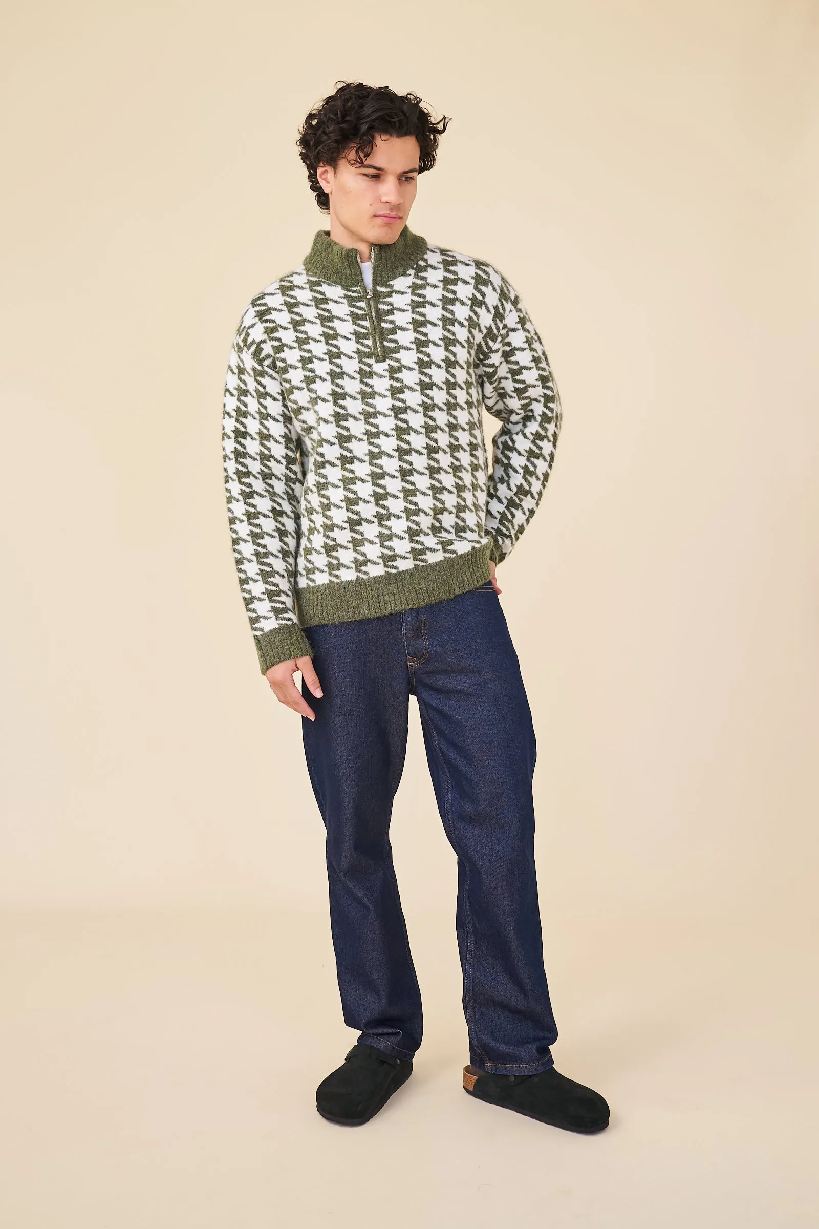 DOGTOOTH ALPACA 1/4 ZIP KNIT - MOSS