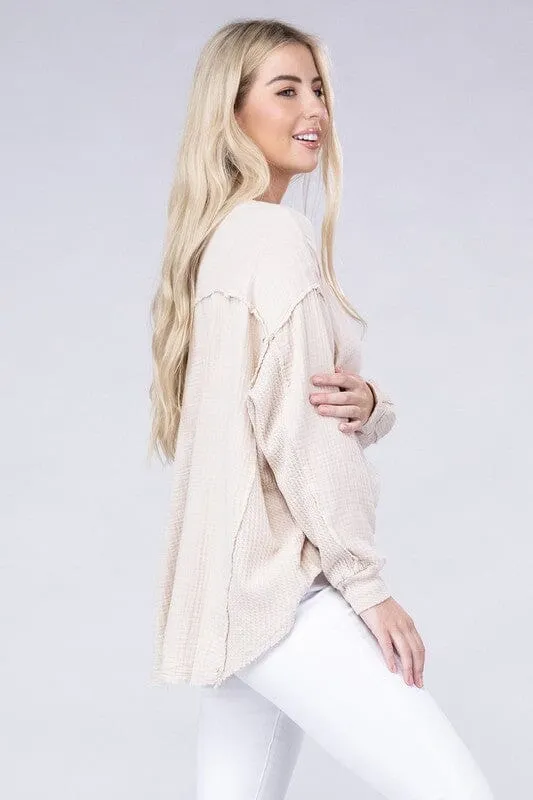 Double Gauze Oversized 3/4 Button Henley Neck Top