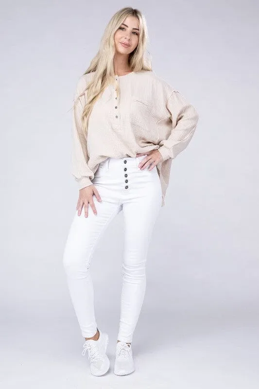 Double Gauze Oversized 3/4 Button Henley Neck Top