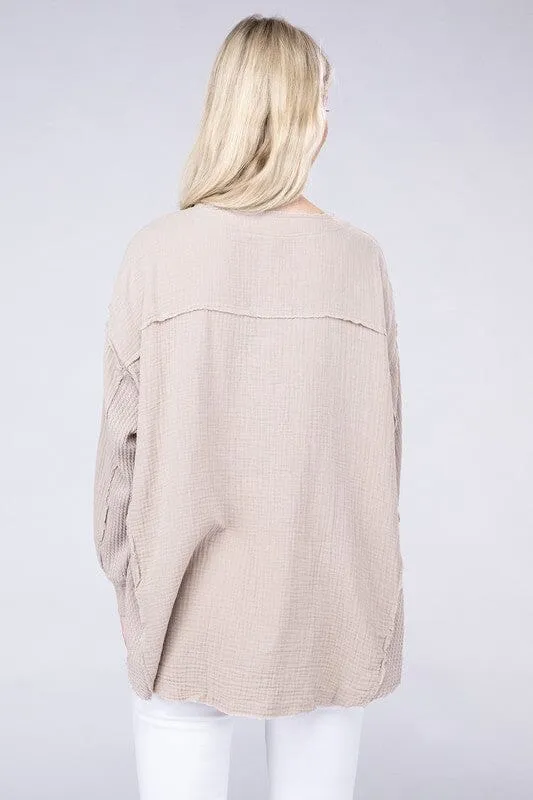 Double Gauze Oversized 3/4 Button Henley Neck Top