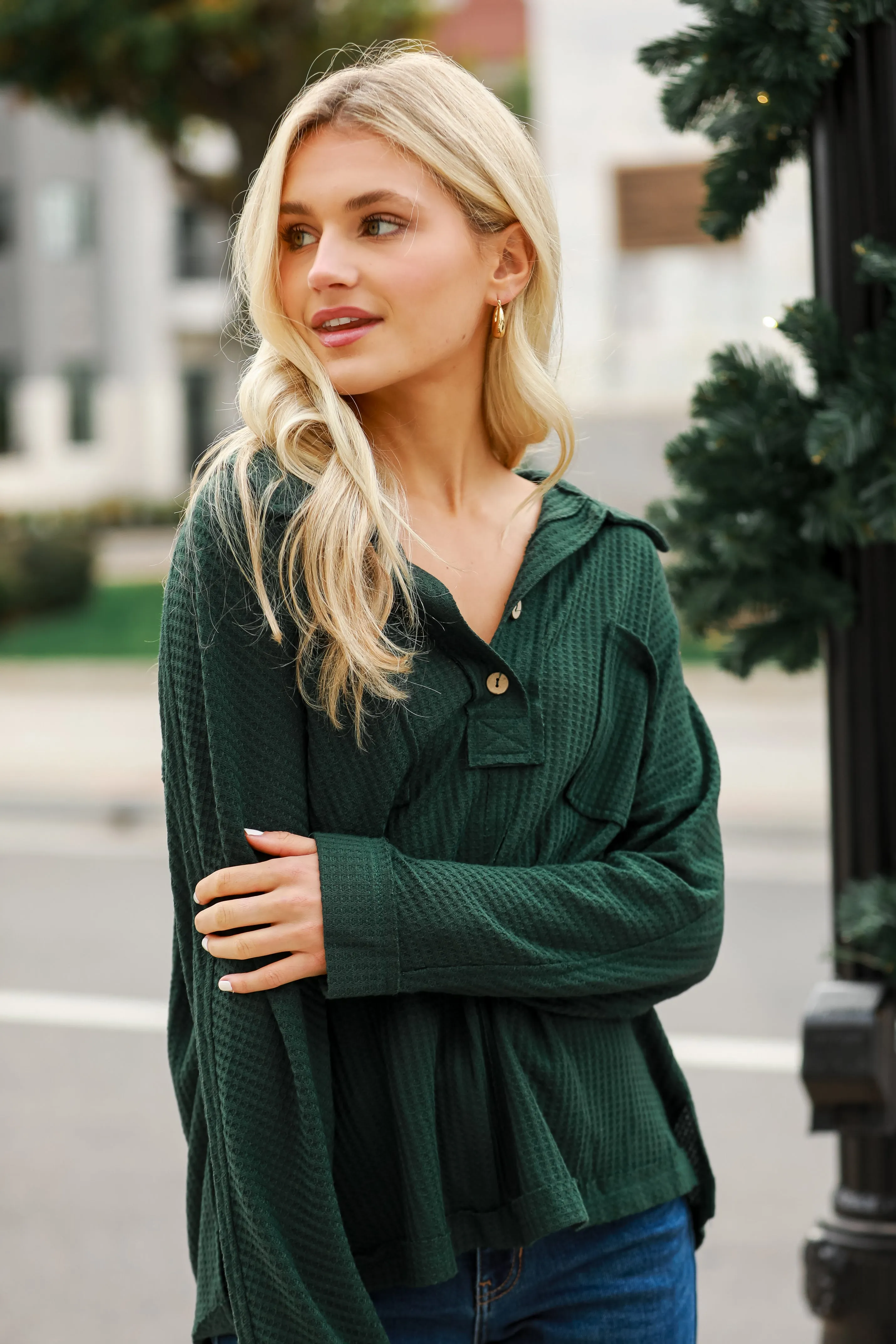 FINAL SALE - Always Together Hunter Green Waffle Knit Henley Top - DOORBUSTER