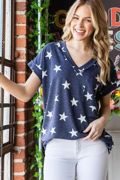 Full Size Star Print V-Neck Short Sleeve T-Shirt