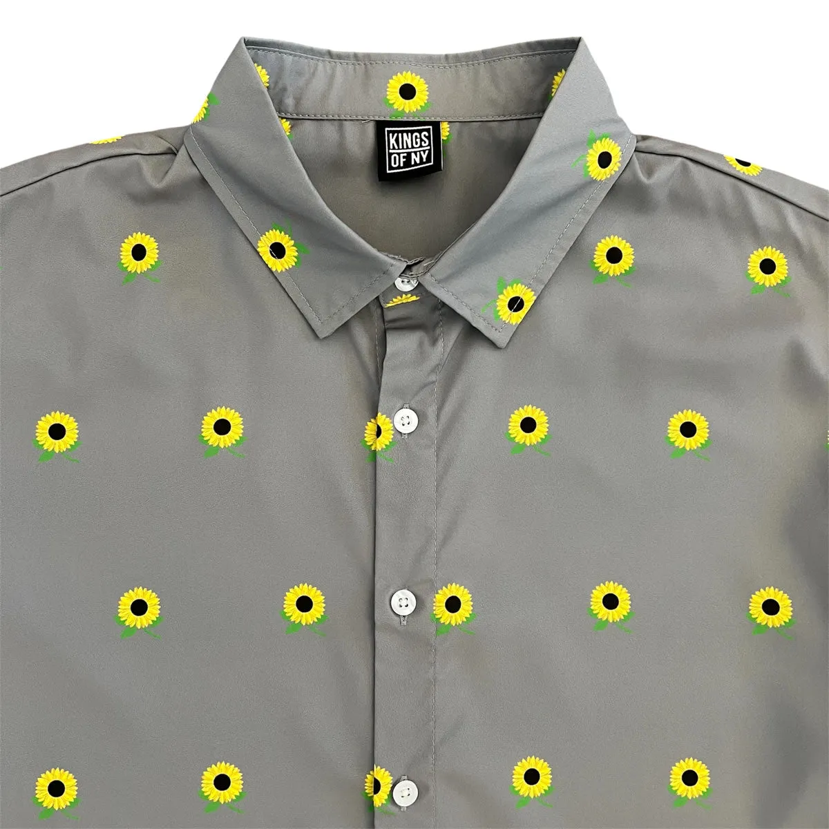 Grey Sunflower Floral Print Men’s Short Sleeve Button Down Shirt