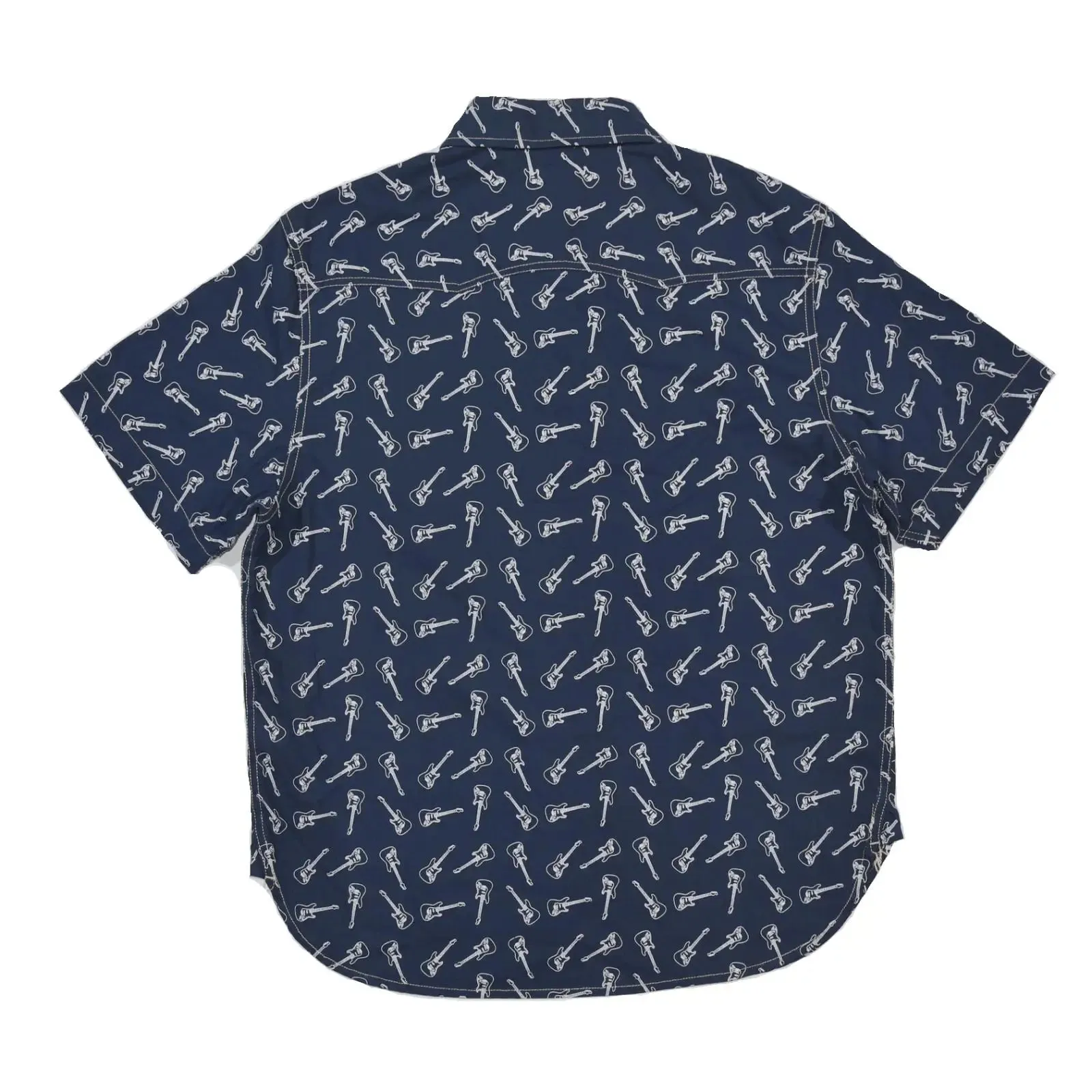 Guitar Graphic Shirt with Discharge Print - Cotton Linen Short Sleeved Shirts