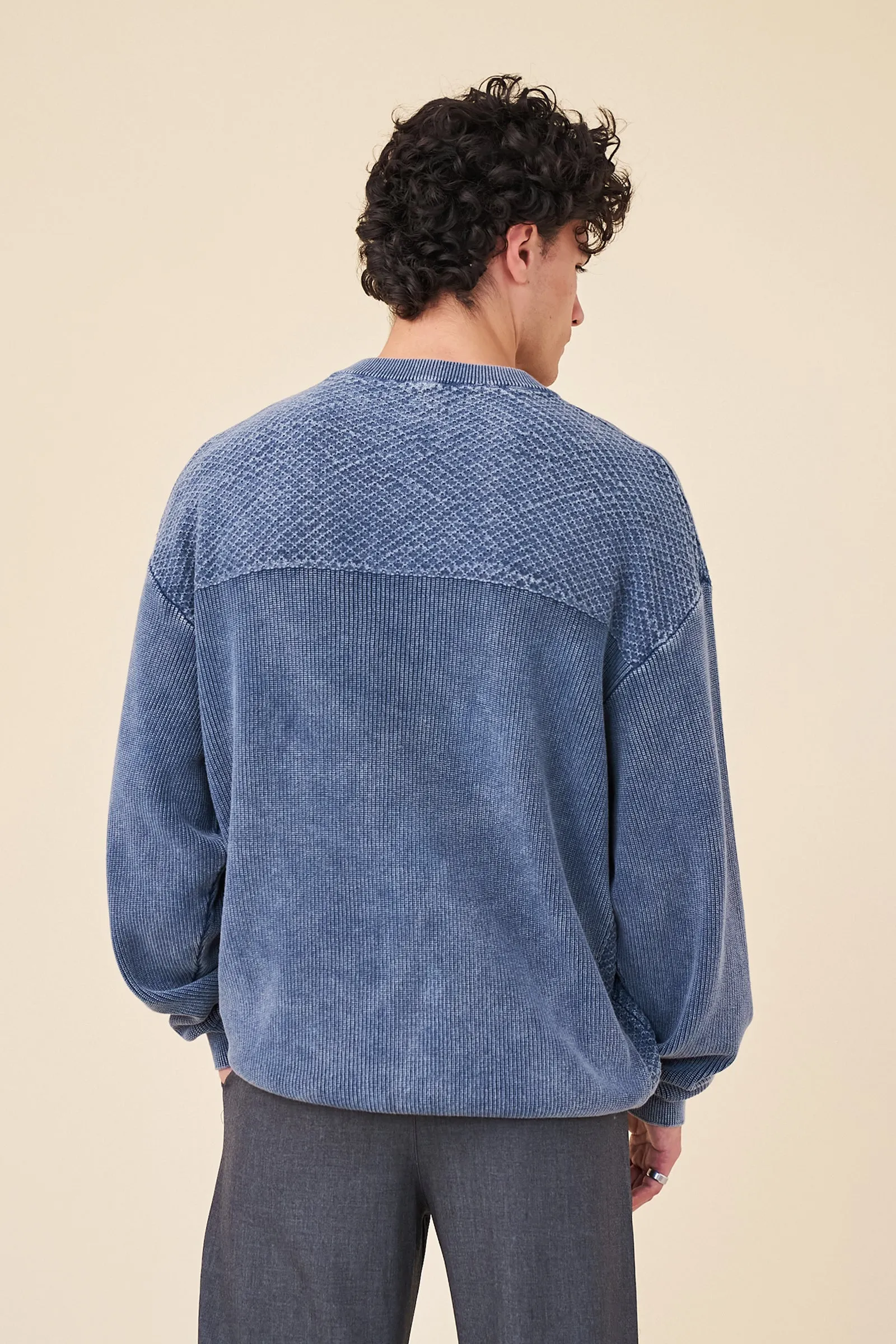 HALF BUTTON PANEL ACID WASHED PULLOVER - NAVY