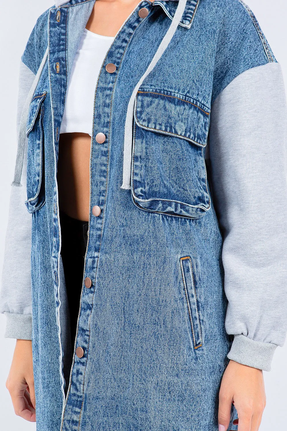 Hooded Denim Jacket Contrast Longline Maxi Light Long Cotton Jean Jackets New Women's Fahsion