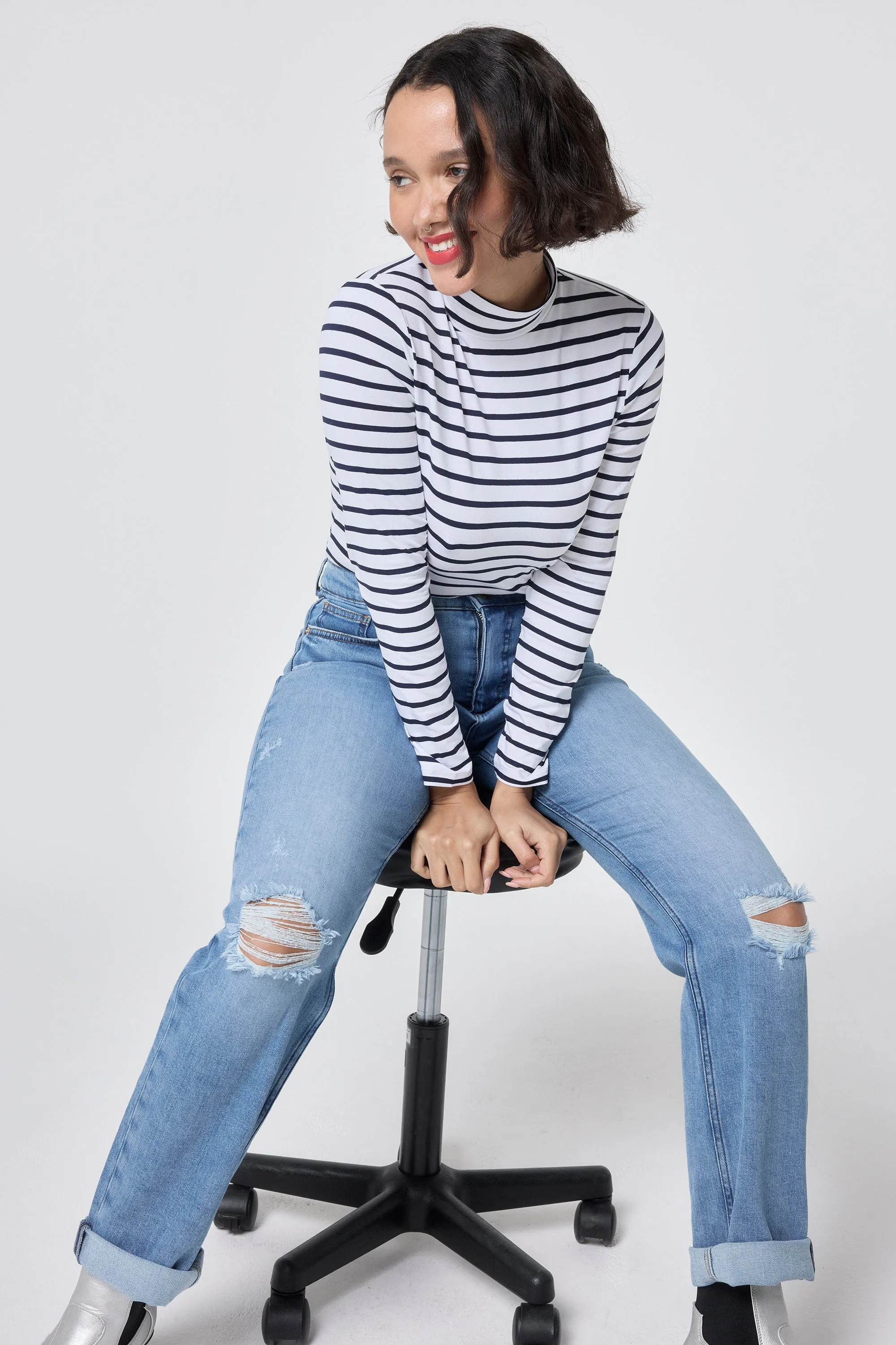 Ivory with Navy Stripe Long Sleeve Polo Top