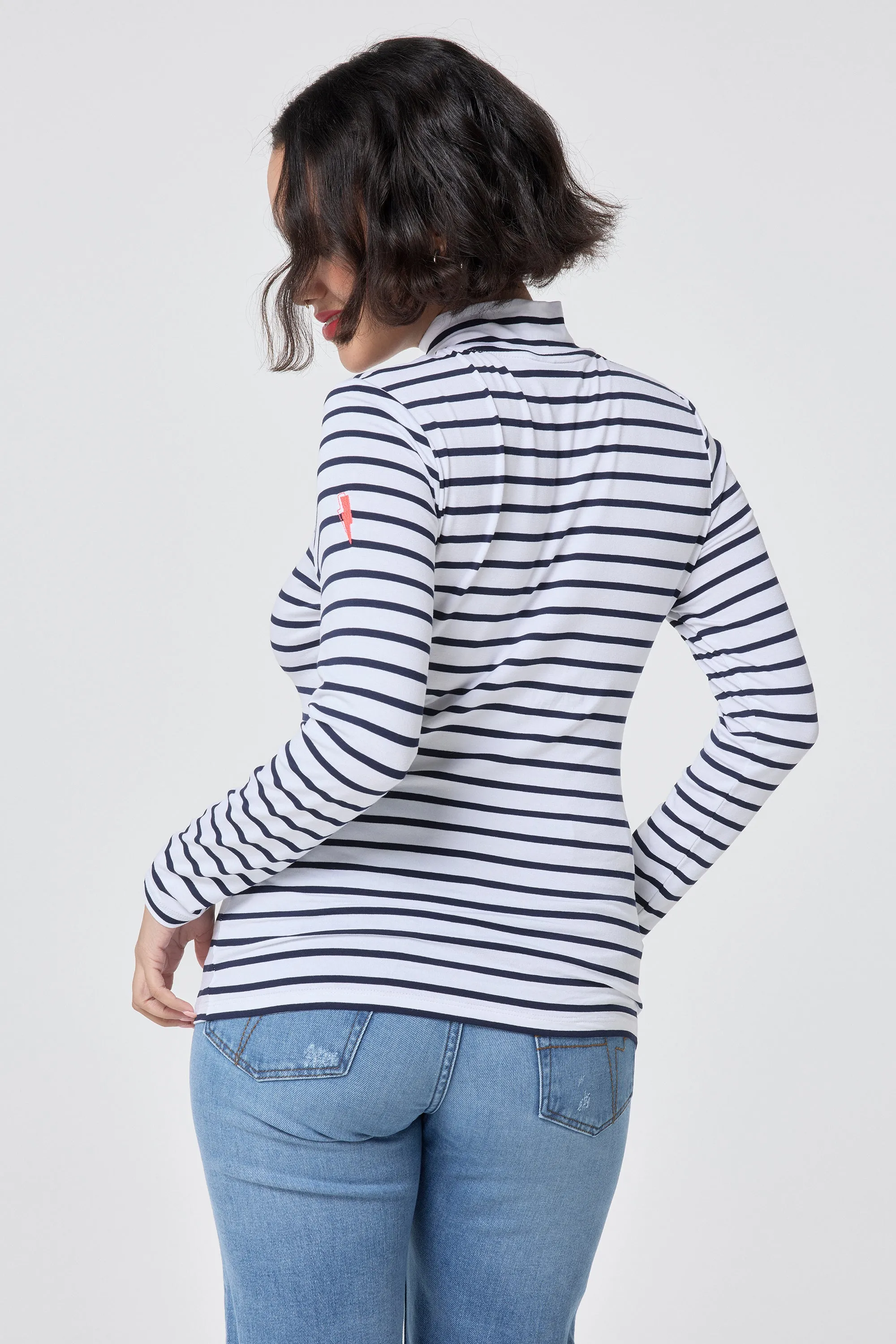 Ivory with Navy Stripe Long Sleeve Polo Top