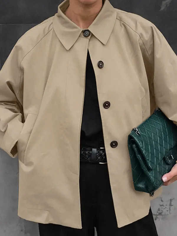 Long Sleeves Loose Buttoned Pockets Lapel Outerwear Trench Coats