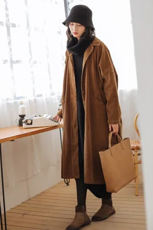 Long Winter Coats for Women, Corduroy Trench, Loose Casual Warm Overcoat