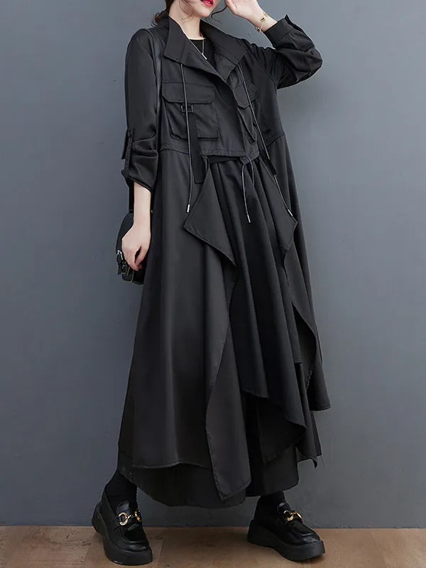 Loose Long Sleeves Drawstring Split-Joint Lapel Trench Coats