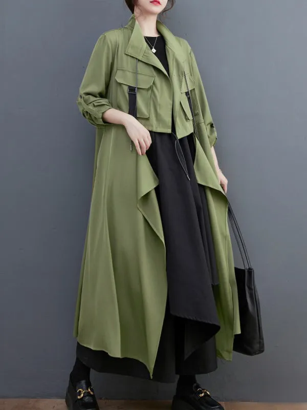 Loose Long Sleeves Drawstring Split-Joint Lapel Trench Coats