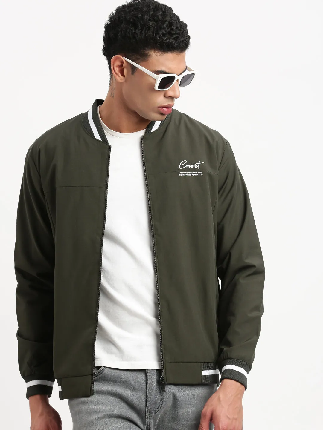 Men Mandarin Collar Olive Solid Bomber Jacket