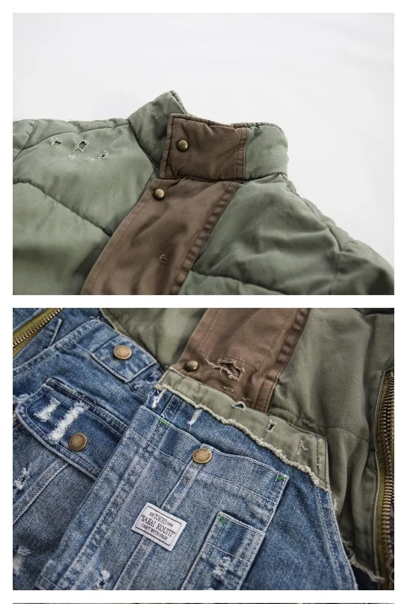 Men Patchwork Army Contrast Denim Jacket