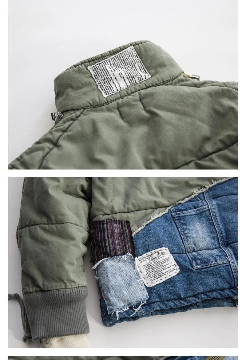 Men Patchwork Army Contrast Denim Jacket