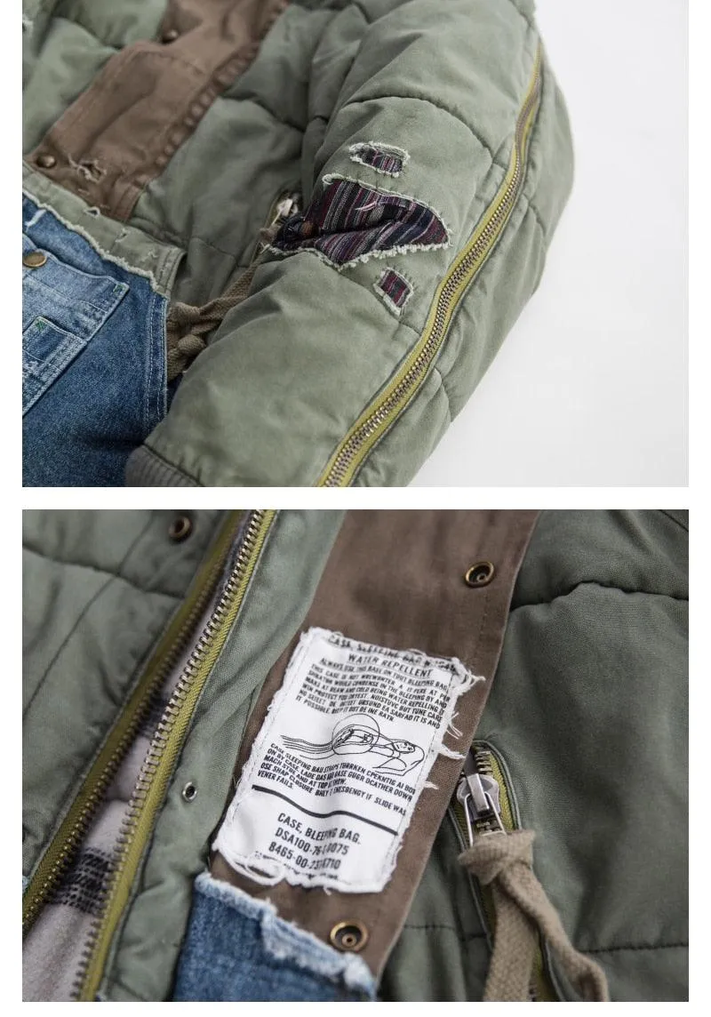 Men Patchwork Army Contrast Denim Jacket