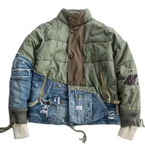 Men Patchwork Army Contrast Denim Jacket