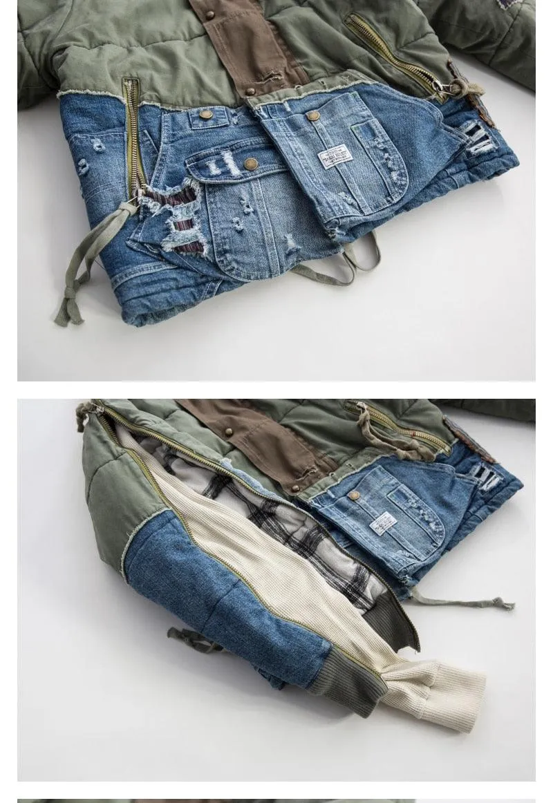 Men Patchwork Army Contrast Denim Jacket